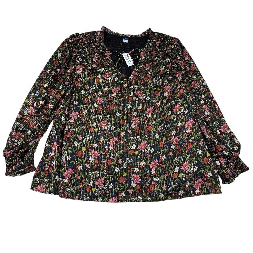 Old Navy Top Women's‎ 2X Smocked Floral Gold Lines Peasant Blouse Cottagecore